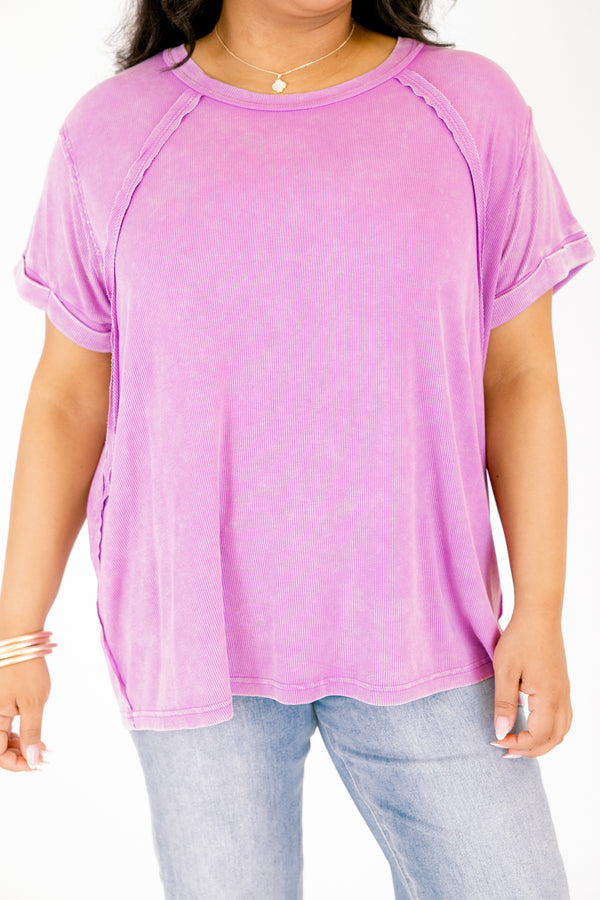 Chic Soul plus size clothing, violet purple short sleeve top with exposed hem along the sides of the top