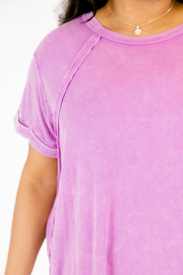 Chic Soul plus size clothing, violet purple short sleeve top with exposed hem along the sides of the top