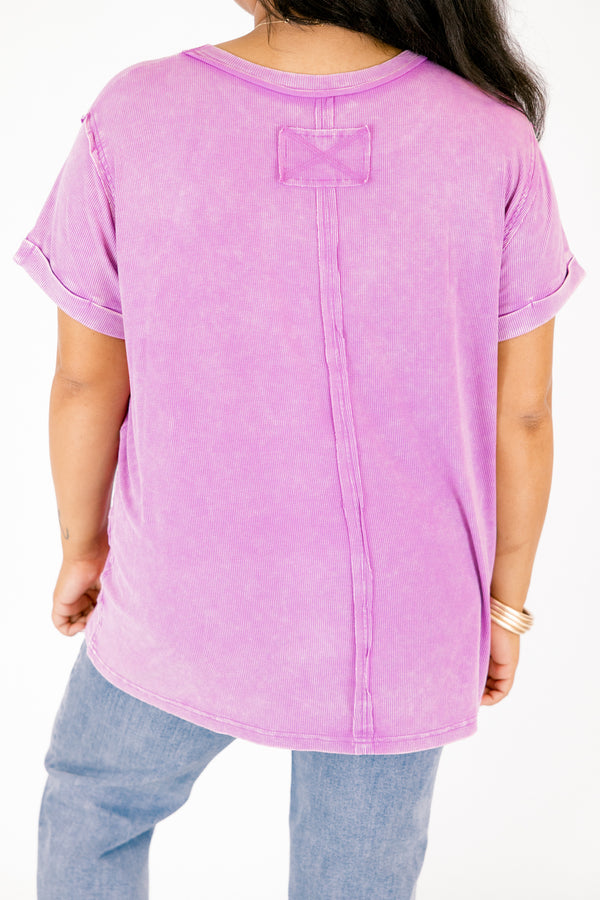 Chic Soul plus size clothing, violet purple short sleeve top with exposed hem along the sides of the top
