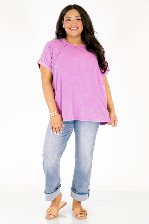 Chic Soul plus size clothing, violet purple short sleeve top with exposed hem along the sides of the top