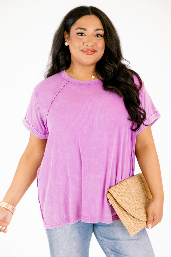 Chic Soul plus size clothing, violet purple short sleeve top with exposed hem along the sides of the top