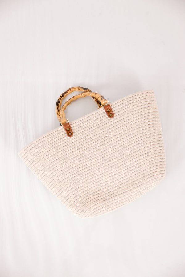 Chic Soul plus size clothing, beige woven small handbag with tortoise shell wooden handles 