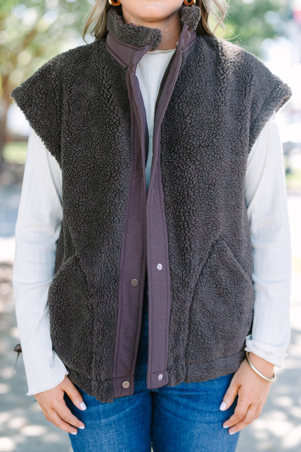 Plus size clothing, fleece chocolate colored vest with snap buttons