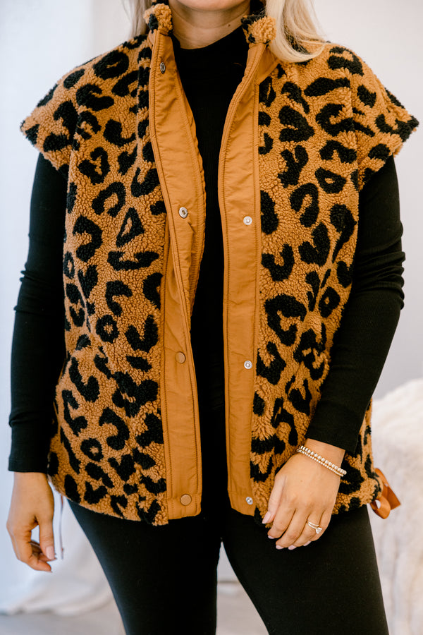 Chic Soul plus size clothing, tan and black leopard print fleece button up oversized vest 