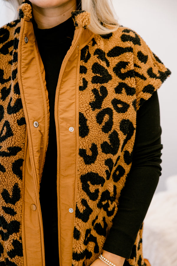 Chic Soul plus size clothing, tan and black leopard print fleece button up oversized vest 