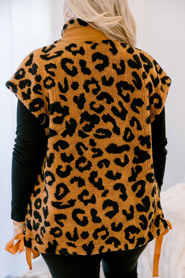 Chic Soul plus size clothing, tan and black leopard print fleece button up oversized vest 