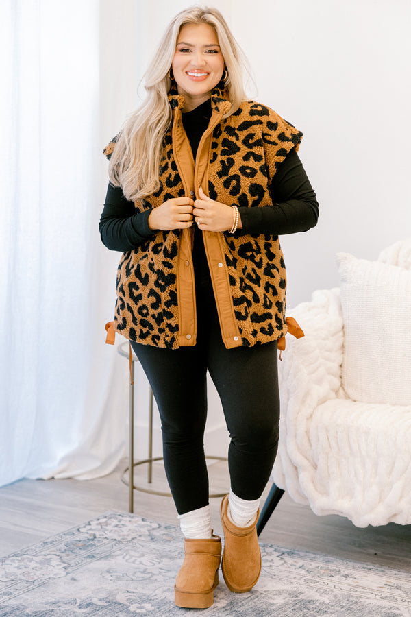 Chic Soul plus size clothing, tan and black leopard print fleece button up oversized vest 