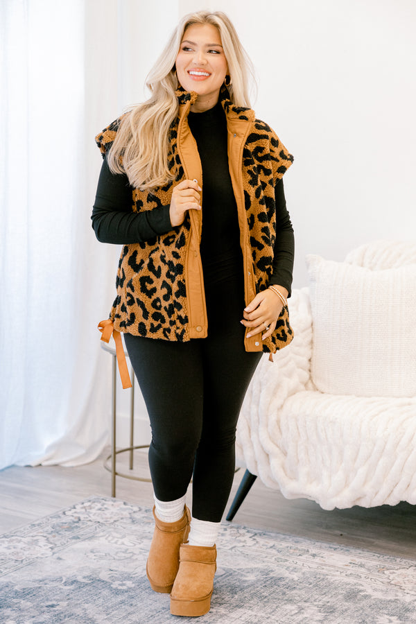 Chic Soul plus size clothing, tan and black leopard print fleece button up oversized vest 