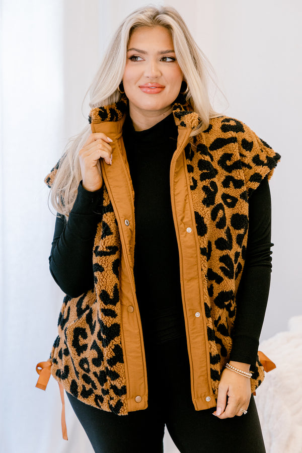 Chic Soul plus size clothing, tan and black leopard print fleece button up oversized vest 