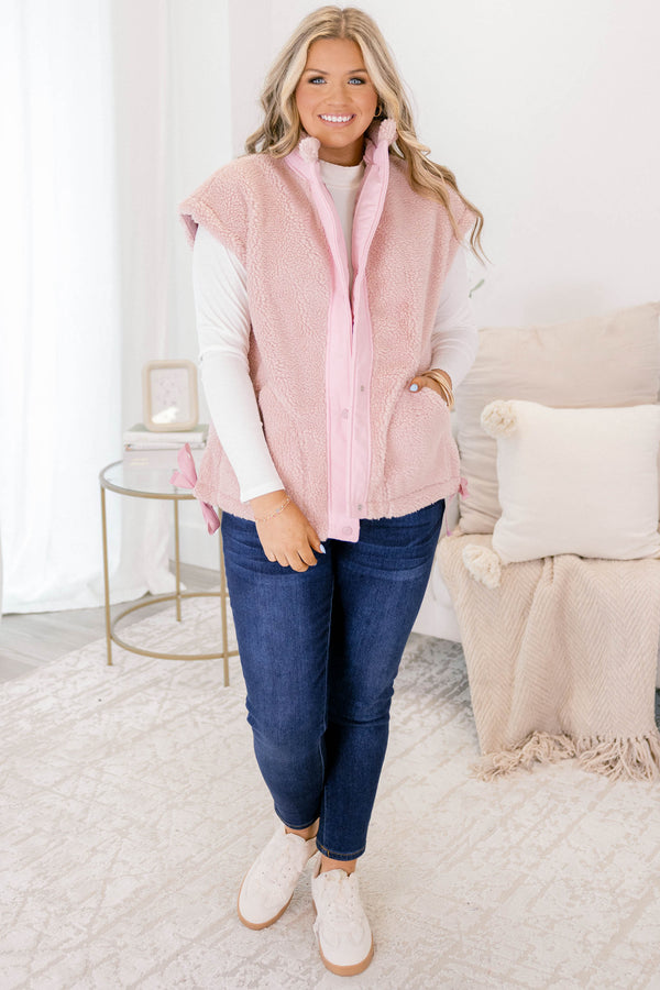 Chic Soul plus size clothing, light pink sherpa button up vest