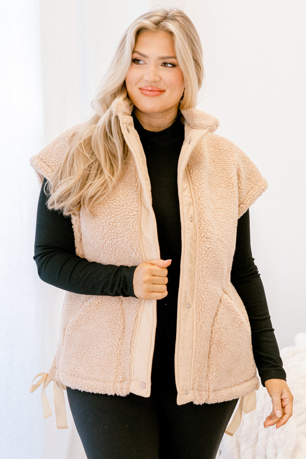 Chic Soul plus size clothing, light tan sherpa button up vest 