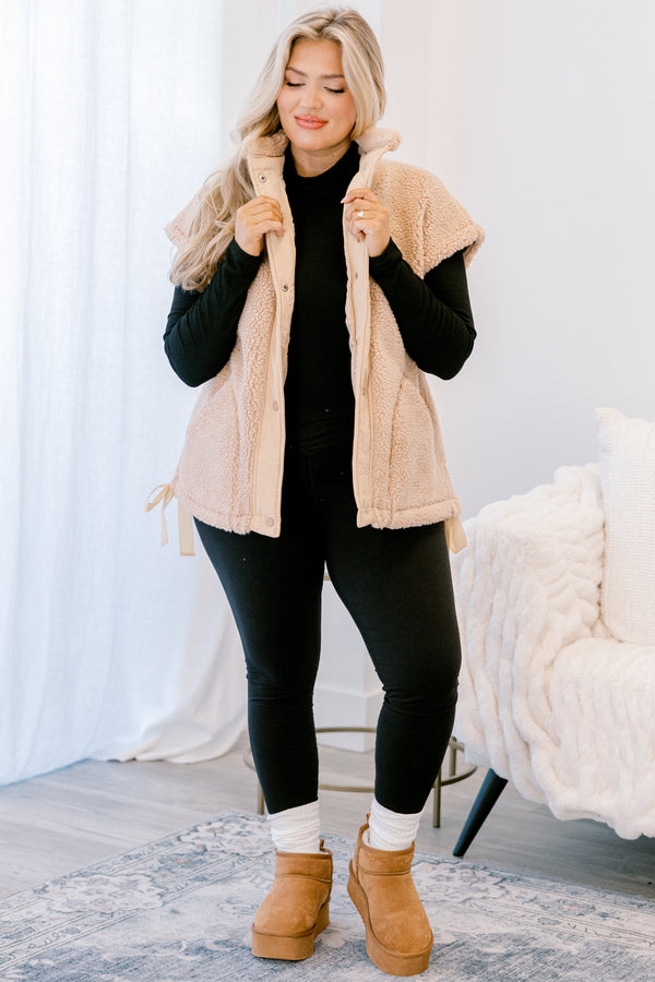 Chic Soul plus size clothing, light tan sherpa button up vest 
