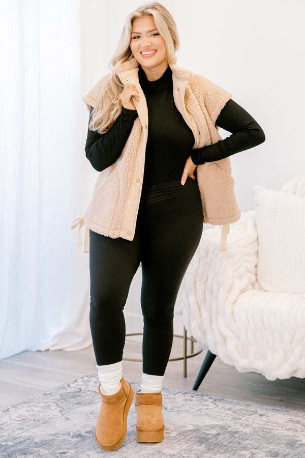 Chic Soul plus size clothing, light tan sherpa button up vest 