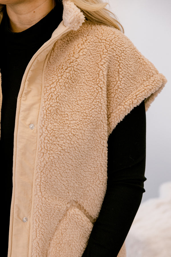 Chic Soul plus size clothing, light tan sherpa button up vest 