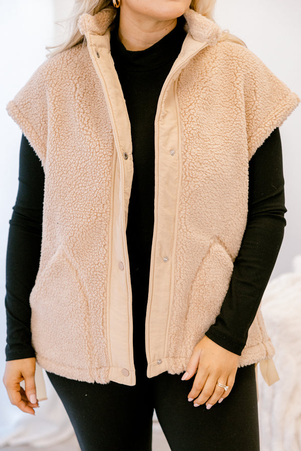 Chic Soul plus size clothing, light tan sherpa button up vest 