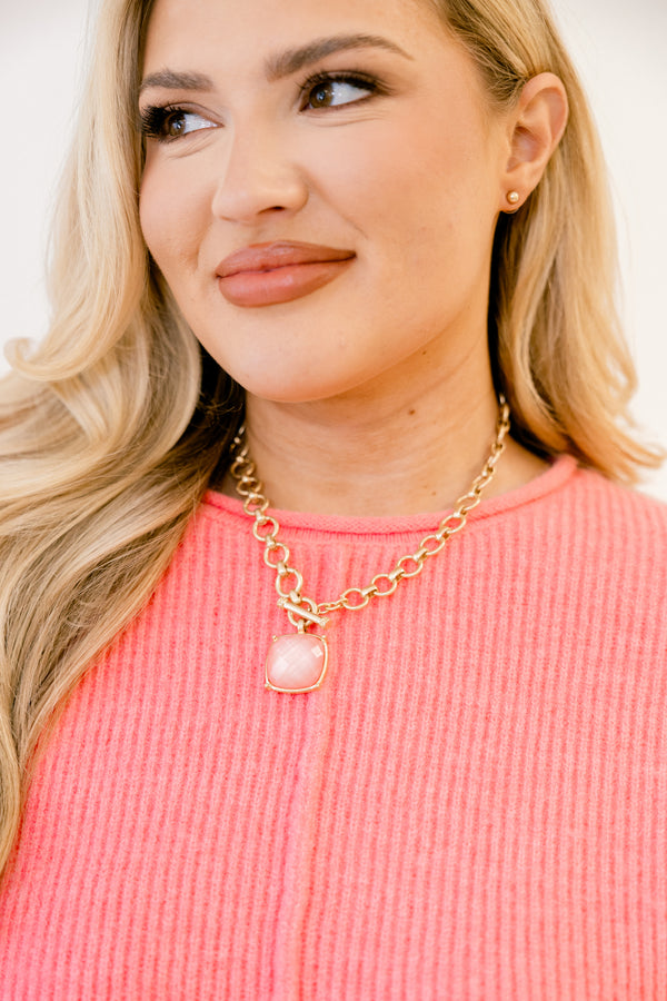  Chic soul plus size clothing, gold chainlink necklace with light pink pendant and gold stud earrings set