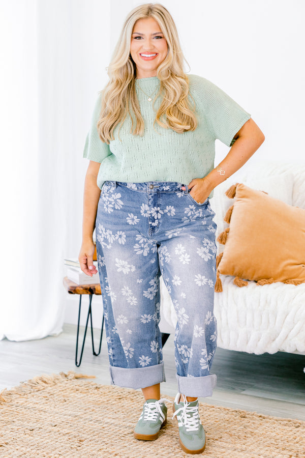 Chic Soul plus size clothing, straight leg jeans with cuffs at the end of each leg and a white floral pattern throughout 