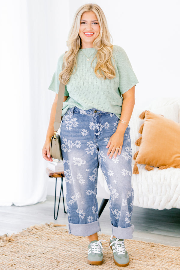 Chic Soul plus size clothing, straight leg jeans with cuffs at the end of each leg and a white floral pattern throughout 