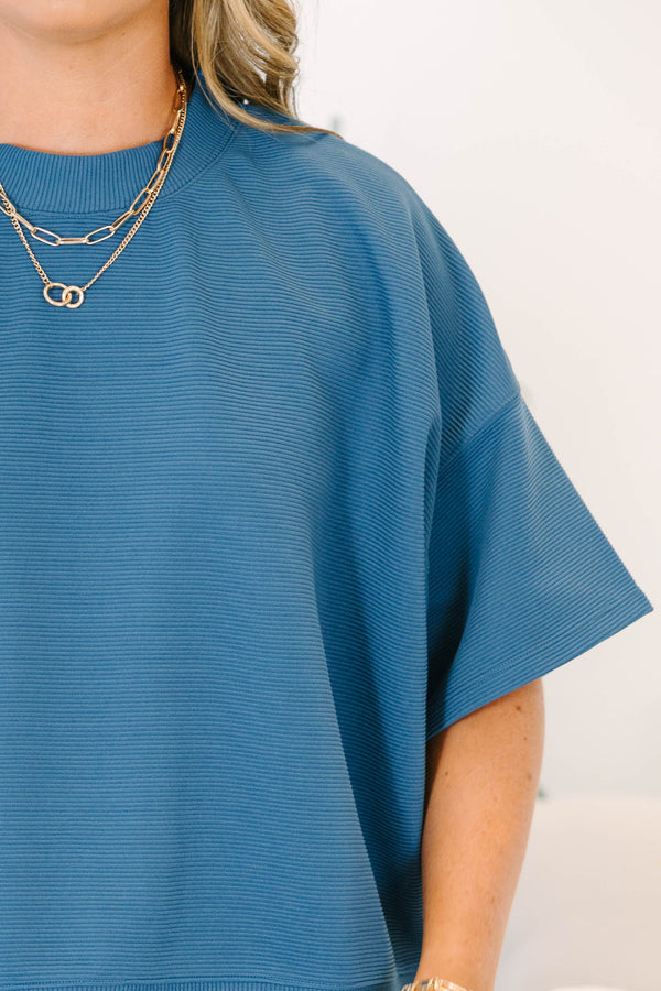 Plus Size blue ribbed two-piece set with a  drop shoulder top and matching shorts.