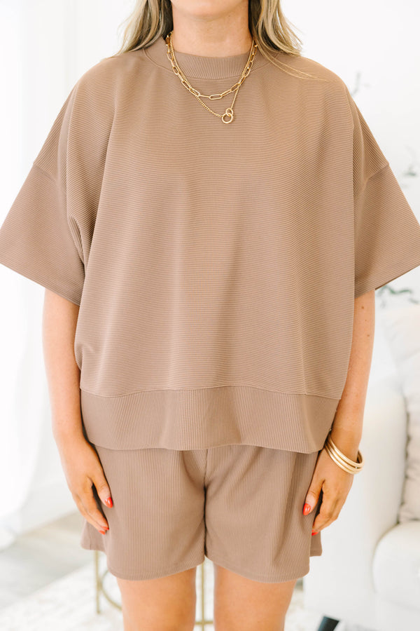 Chic Soul plus size clothing, tan short sleeve and shorts matching set