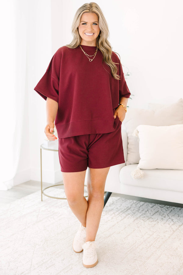 Chic Soul plus size clothing, cabernet red short sleeve crewneck tee with elastic waist band cabernet shorts making a matching set