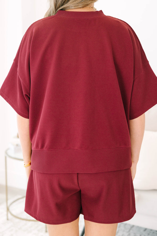 Chic Soul plus size clothing, cabernet red short sleeve crewneck tee with elastic waist band cabernet shorts making a matching set