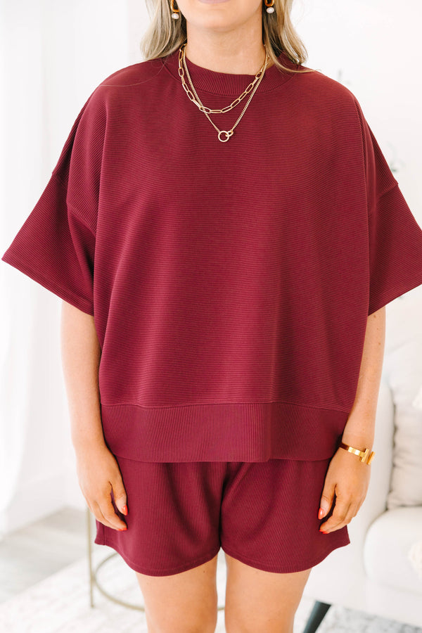 Chic Soul plus size clothing, cabernet red short sleeve crewneck tee with elastic waist band cabernet shorts making a matching set