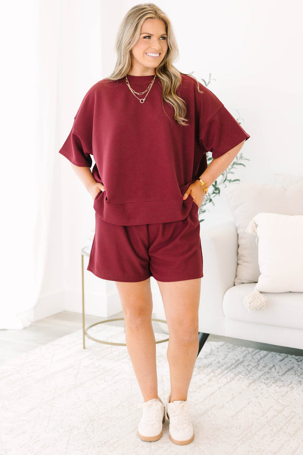 Chic Soul plus size clothing, cabernet red short sleeve crewneck tee with elastic waist band cabernet shorts making a matching set