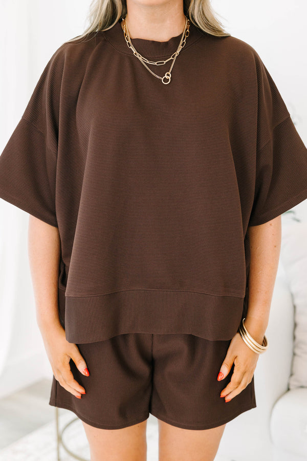 Chic Soul plus size clothing, dark brown ribbed material short sleeve crewneck and shorts matching set