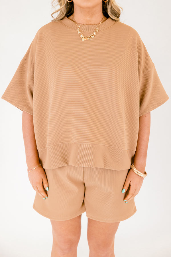 Chic Soul plus size clothing, tan short sleeve and shorts matching set