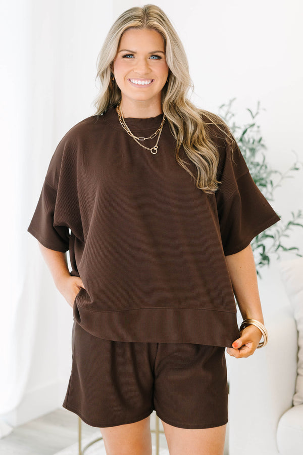Chic Soul plus size clothing, dark brown ribbed material short sleeve crewneck and shorts matching set