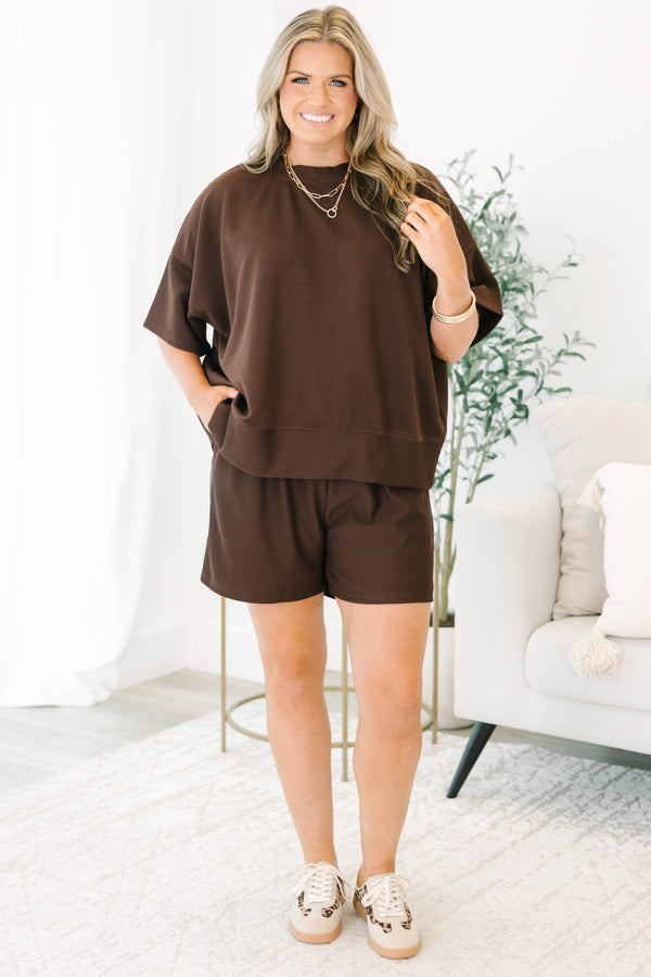 Chic Soul plus size clothing, dark brown ribbed material short sleeve crewneck and shorts matching set