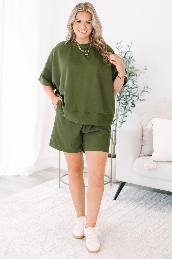Chic Soul plus size clothing, light olive green short sleeve crewneck top with elastic waistband shorts making a matching set