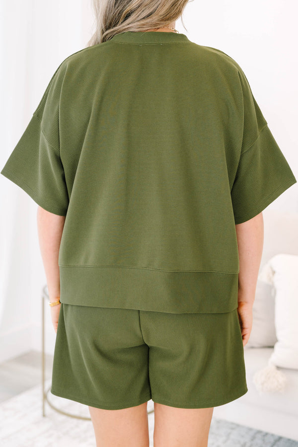 Chic Soul plus size clothing, light olive green short sleeve crewneck top with elastic waistband shorts making a matching set