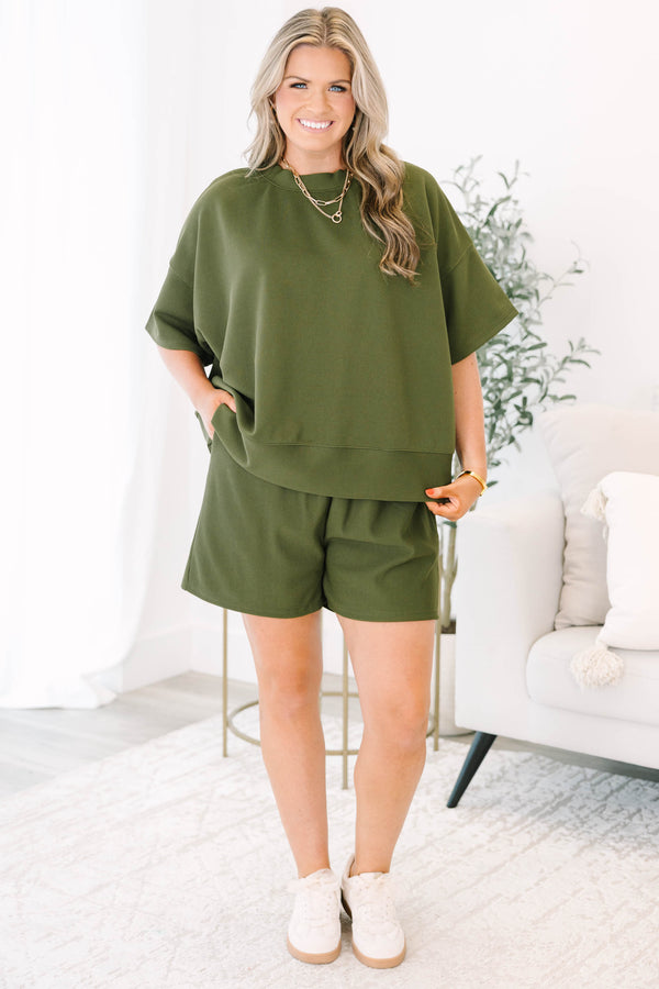 Chic Soul plus size clothing, light olive green short sleeve crewneck top with elastic waistband shorts making a matching set
