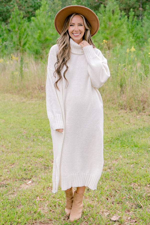 Chic Soul plus size clothing, cream long sleeve turtle neck sweater midi dress 
