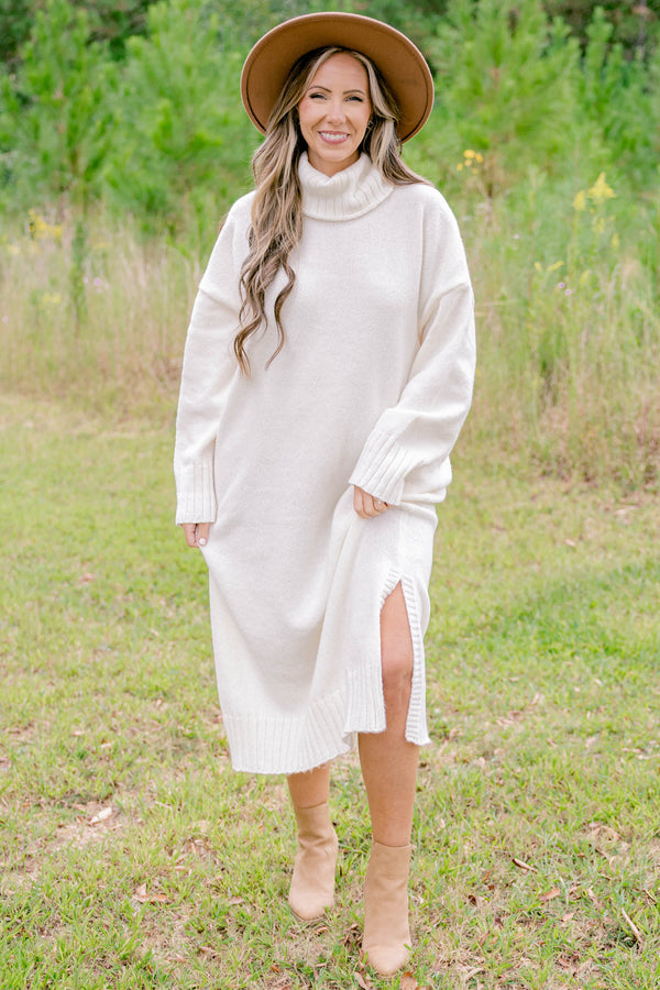 Chic Soul plus size clothing, cream long sleeve turtle neck sweater midi dress 
