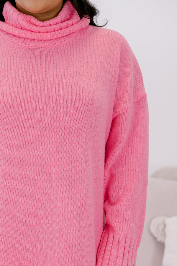 Chic Soul plus size clothing, pink long sleeve turtle neck midi length sweater dress