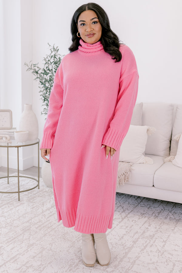 Chic Soul plus size clothing, pink long sleeve turtle neck midi length sweater dress
