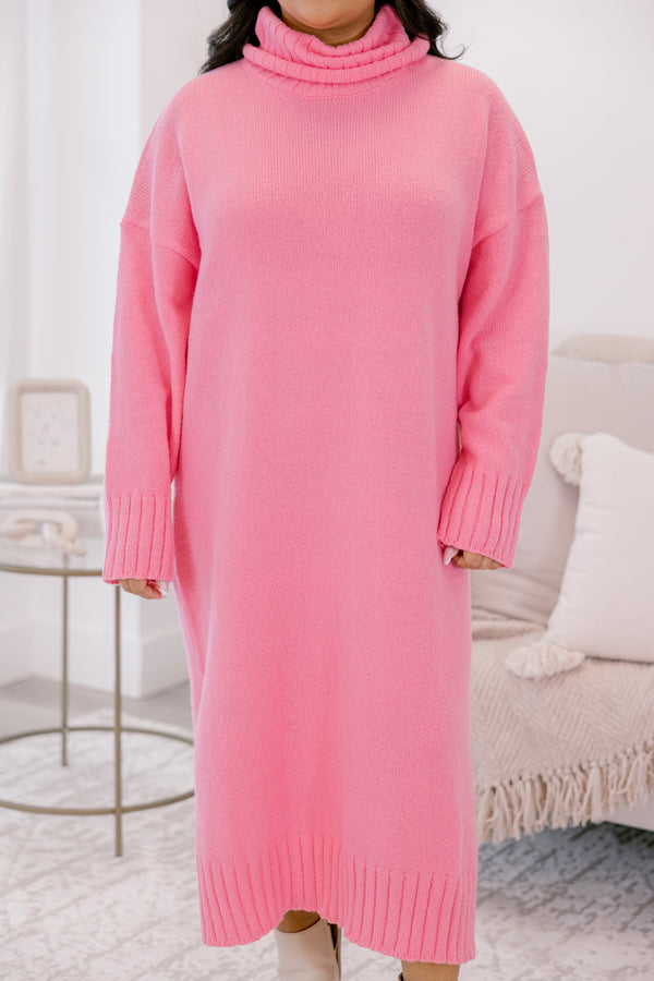 Chic Soul plus size clothing, pink long sleeve turtle neck midi length sweater dress