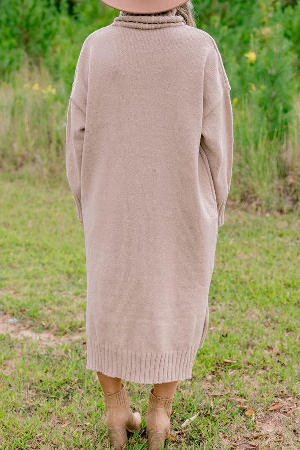 Chic Soul plus size clothing, tan long sleeve turtle neck midi length sweater dress