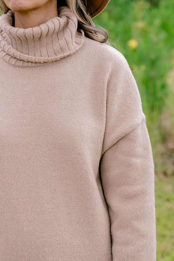 Chic Soul plus size clothing, tan long sleeve turtle neck midi length sweater dress