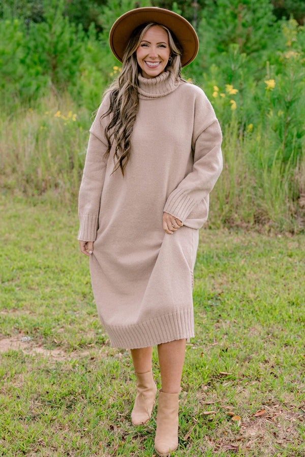 Chic Soul plus size clothing, tan long sleeve turtle neck midi length sweater dress
