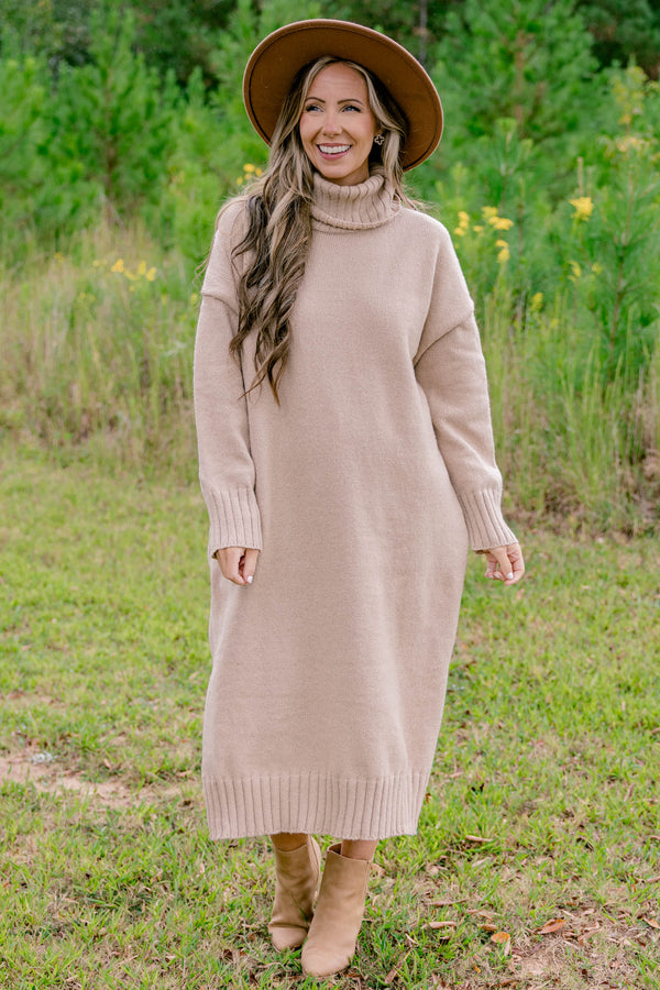 Chic Soul plus size clothing, tan long sleeve turtle neck midi length sweater dress