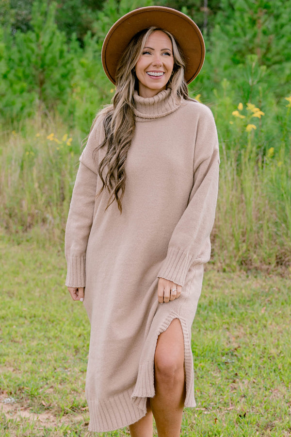 Chic Soul plus size clothing, tan long sleeve turtle neck midi length sweater dress