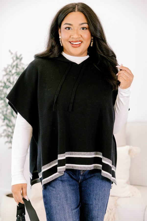 Chic Soul plus size clothing, black short sleeve v neck sweater top with grey and white striping along the hem