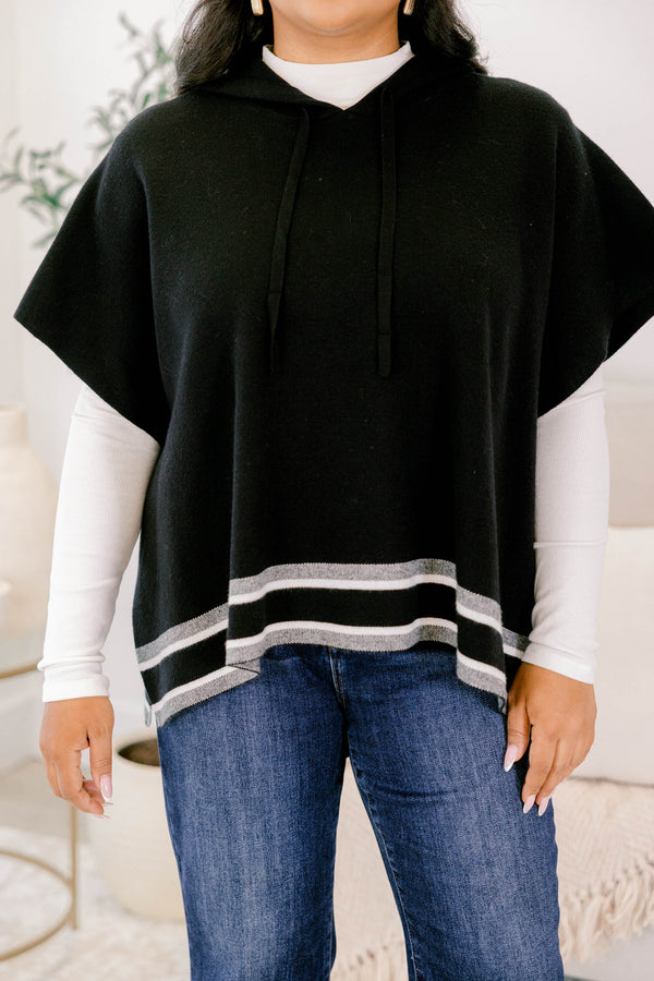 Chic Soul plus size clothing, black short sleeve v neck sweater top with grey and white striping along the hem