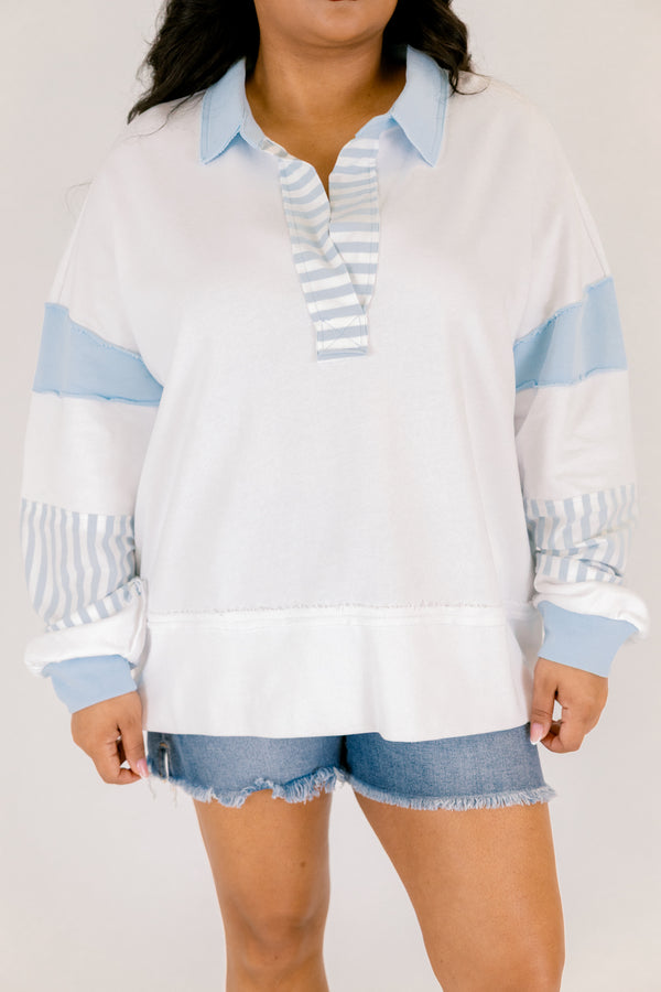 Chic Soul plus size clothing, white and light blue 1/4 button down collared pullover with patches of blue and white stripes