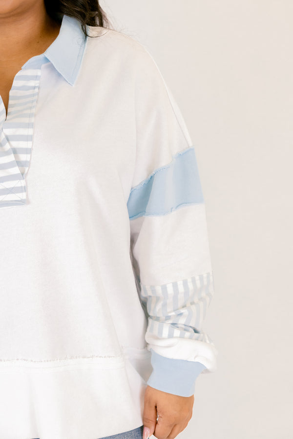 Chic Soul plus size clothing, white and light blue 1/4 button down collared pullover with patches of blue and white stripes