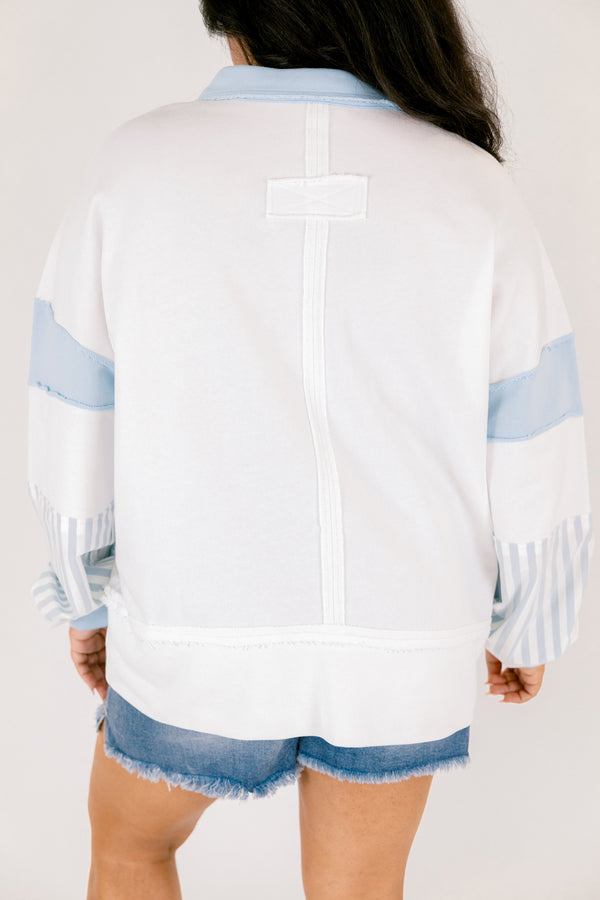 Chic Soul plus size clothing, white and light blue 1/4 button down collared pullover with patches of blue and white stripes
